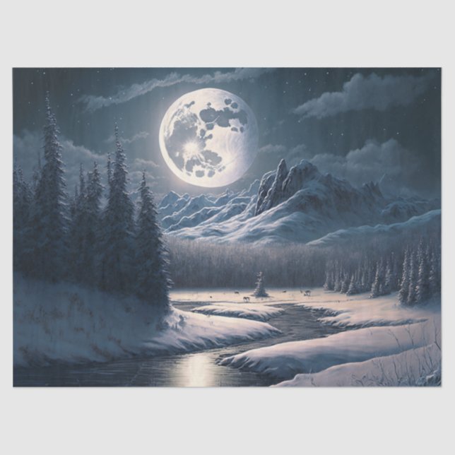 Full Moon Snowy Landscape Decoupage Tissue Paper (Front)