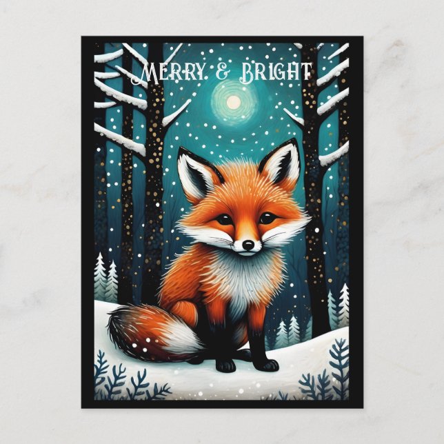 Full Moon Snowy Night Forest Cute Fox Christmas  Postcard (Front)
