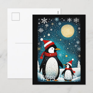 Full Moon Snowy Winter Santa Penguin Christmas Holiday Postcard