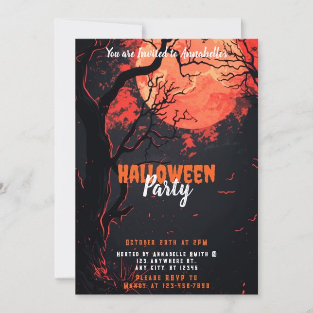 Full Moon Trees Bats Creepy Halloween Party Invitation (Front)