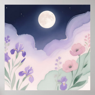 Full Moon Watercolor Iris Floral Night Poster