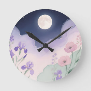 Full Moon Watercolor Iris Floral Night Round Clock