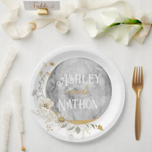 Full Moon Wildflower Gold Watercolor Wedding  Paper Plate