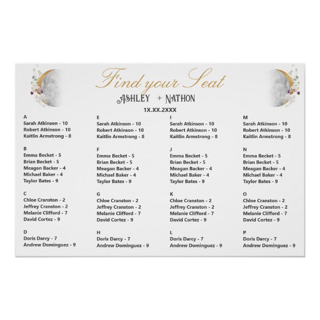 Full Moon Wildflower Gold Watercolor Wedding seat  Poster (Front)