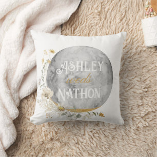 Full Moon Wildflower Gold Watercolor Wedding Throw Pillow