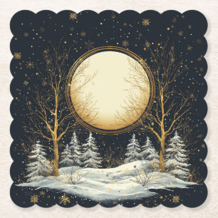 Full Moon Winter Pine Tree Forest Snowflakes Paper Coaster