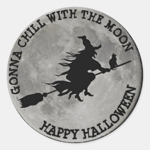 FULL MOON WITCH ON BROOM Halloween Witch  BUTTON Classic Round Sticker
