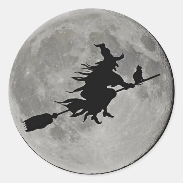 FULL MOON WITCH ON BROOM Halloween Witch  BUTTON Classic Round Sticker (Front)