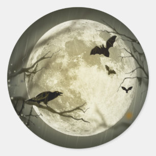 Full Moon with a Crow and Bats Classic Round Sticker