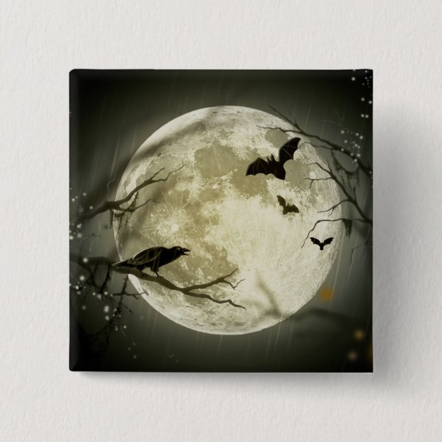 Full Moon with bats and Raven 2 Inch Square Button (Front)