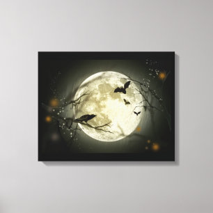 Full Moon with Bats and Raven. Canvas Print