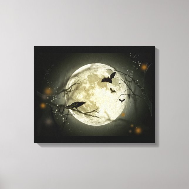 Full Moon with Bats and Raven. Canvas Print (Front)