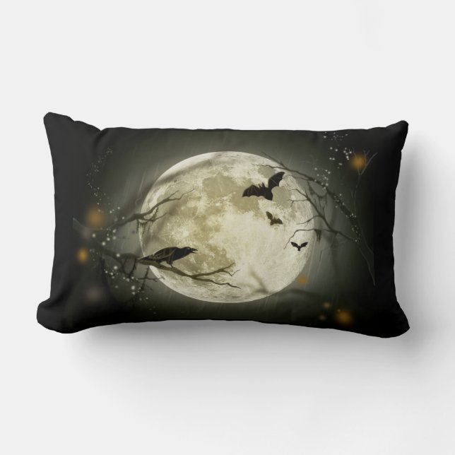 Full Moon with bats and Raven Lumbar Pillow (Front)