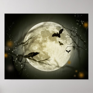 Full Moon with bats and Raven Poster