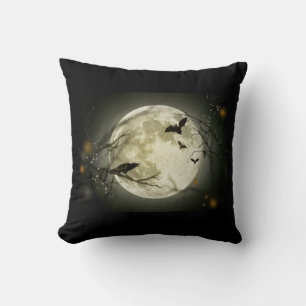 Full Moon with bats and Raven Throw Pillow