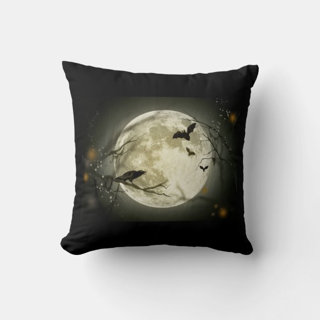 Full Moon with bats and Raven Throw Pillow (Front)