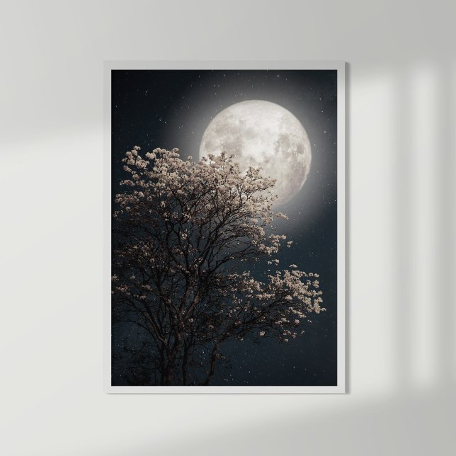 Full Moon with Blossoming Tree Poster (Blooming tree and shining full Moon)