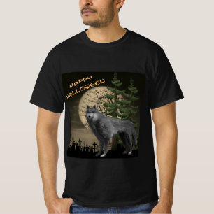 Full Moon with Grey Wolf Happy Halloween T-Shirt