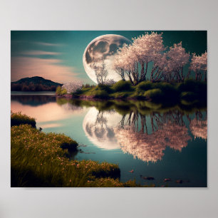 Full Moon with Pink Floral Trees Poster