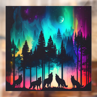 Full Moon Wolf Pack Howling Northern Lights Window Cling