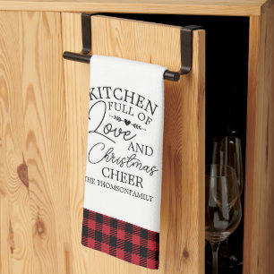 full of Love Christmas Cheer Plaid Family Name Kitchen Towel