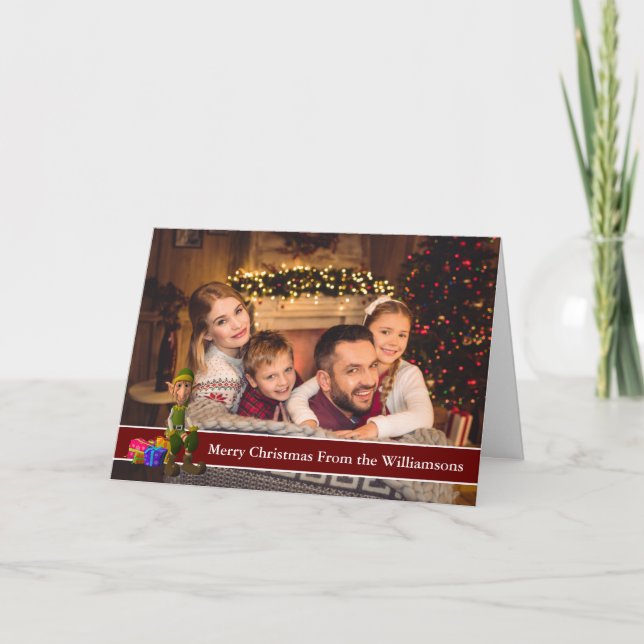 Full Photo Christmas Elf With Red Text Band Holiday Card (Front)
