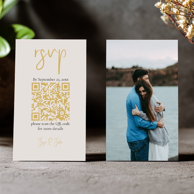 Full photo, gold QR code and script wedding RSVP Enclosure Card (Gold qr code rsvp insert with full cover photo)