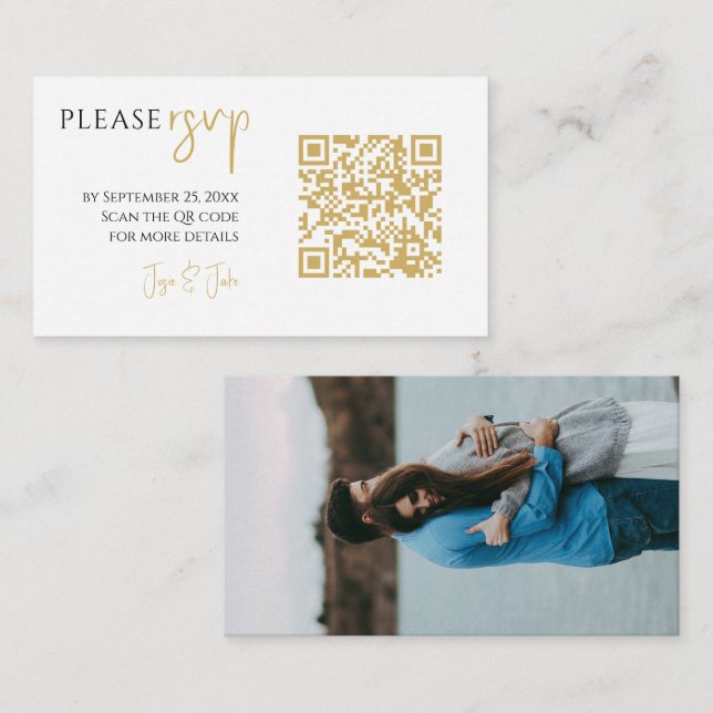 Full photo, gold QR code white wedding RSVP Enclosure Card (Front/Back)