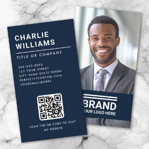 Full photo logo modern minimal QR code dark blue Business Card