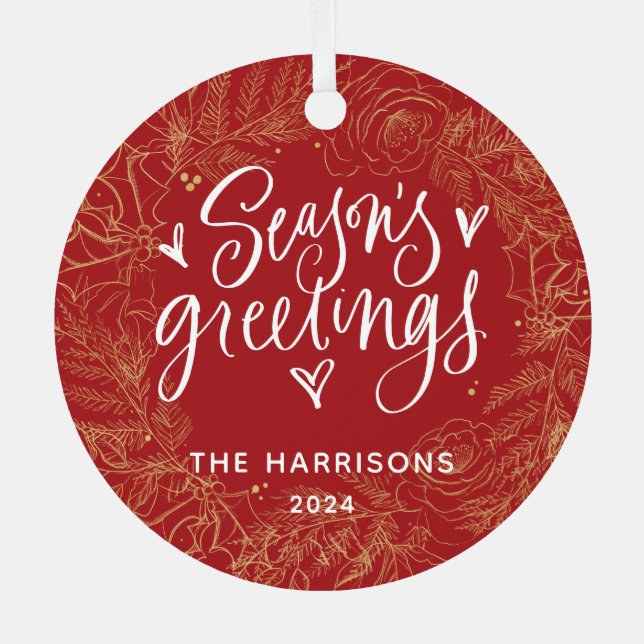 Full Photo Season's Greetings Red Two Sided Metal Ornament (Back)