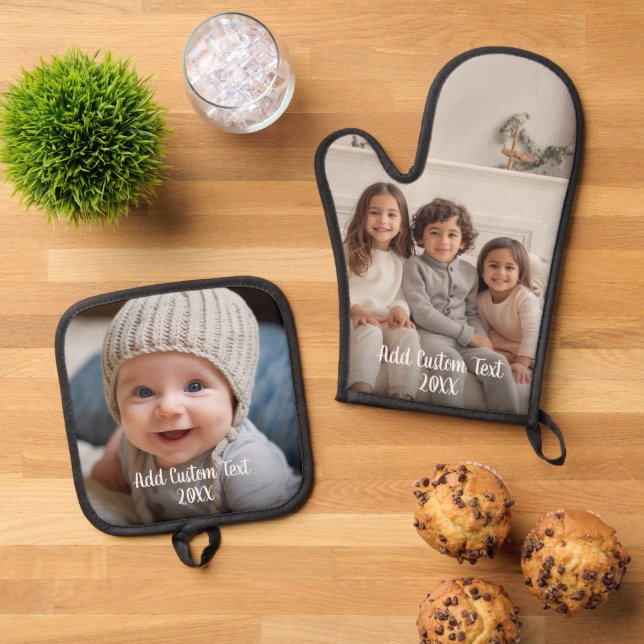 Full Photo with Custom Text in White Script Oven Mitt & Pot Holder Set (Top Down)