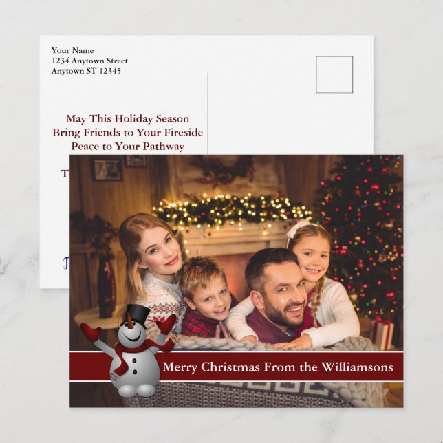 Full Postcard Photo Snowman With Red Text Band (Front/Back)