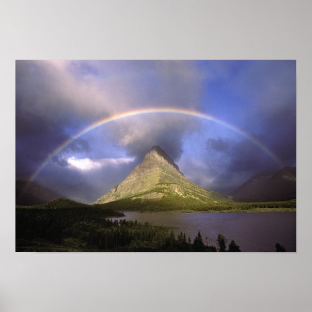 Full rainbow and stormy sky over Grinnell Poster (Front)