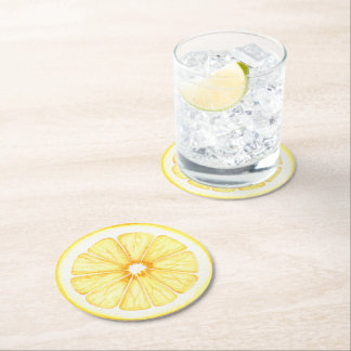 Full Slice of Lemon In Watercolor Round Paper Coaster