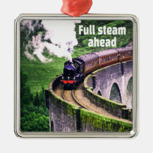 Full steam ahead Locomotive Train on Bridge Metal Ornament