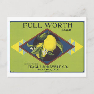 Full Worth Lemon Fruit Crate Label Postcard