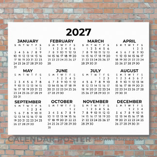 Full Year 2027 Calendar Minimalist Horizontal Poster