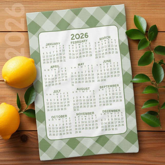 Full Year Calendar - Green White Farmhouse Check Kitchen Towel (2026 Calendar)