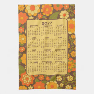 Full Year Calendar - Retro Flowers - Green Brown Kitchen Towel