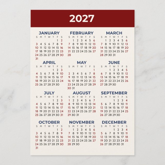 Full Year View 2027 Calendar Custom Colours Card (Front)