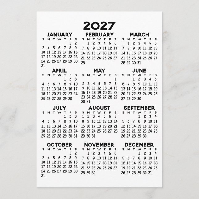 Full Year View Calendar - Basic Minimal Card (Front)