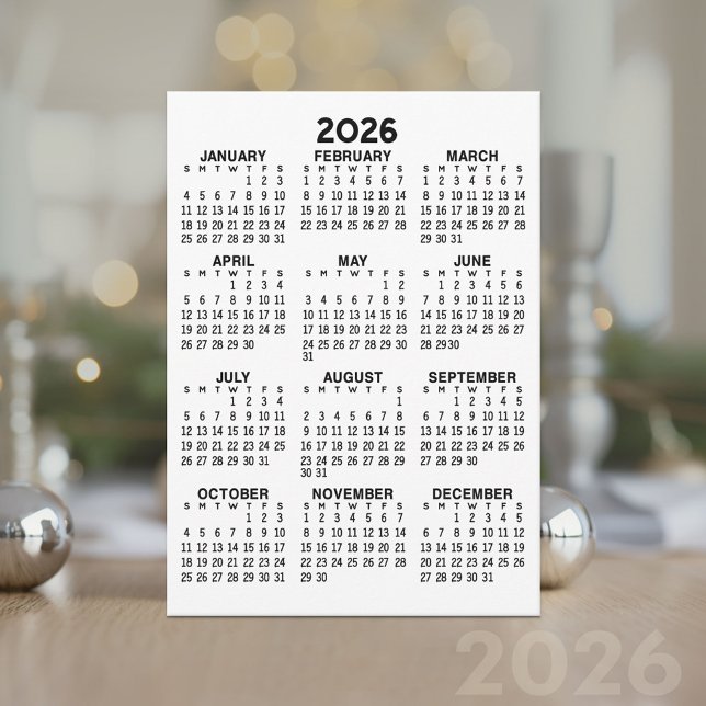 Full Year View Calendar - Basic Minimal Card (2026 Calendar)