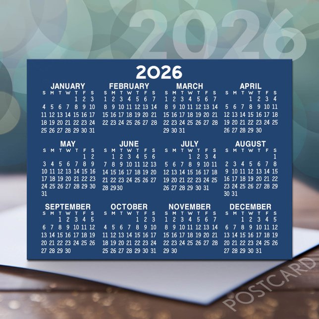 Full Year View Calendar - horizontal Blue Postcard (2026 Calendar Postcard)
