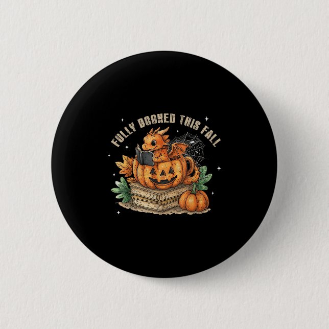 Fully Booked This Fall Bookworm Dragon Autumn Read 2 Inch Round Button (Front)