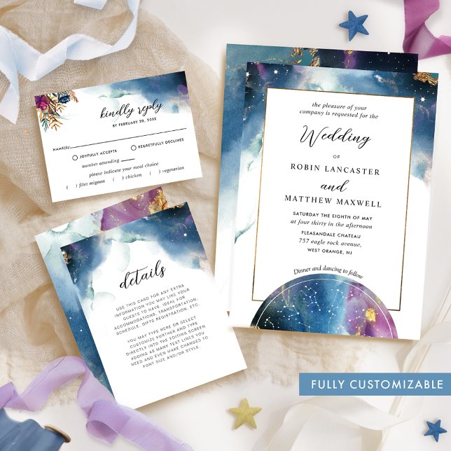 Fully Customizable, Celestial Blue Purple Wedding Invitation (Creator Uploaded)