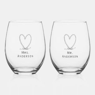 Fully customizable Mr and Mrs heart floral  Stemless Wine Glass