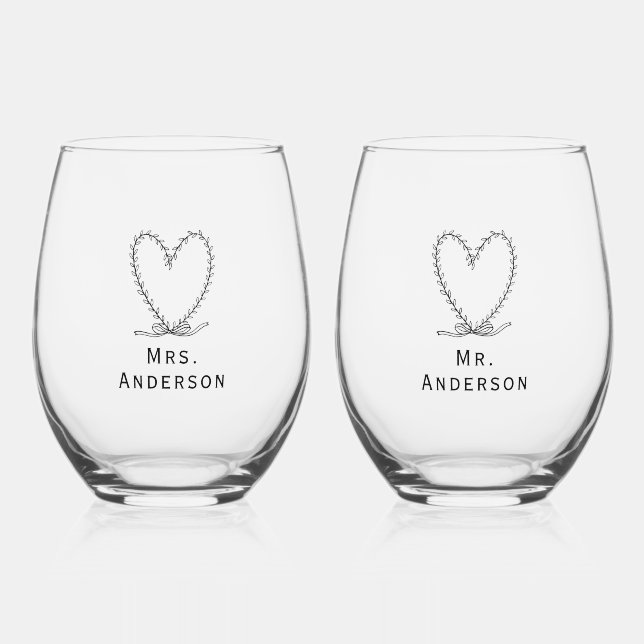 Fully customizable Mr and Mrs heart floral  Stemless Wine Glass (Front)
