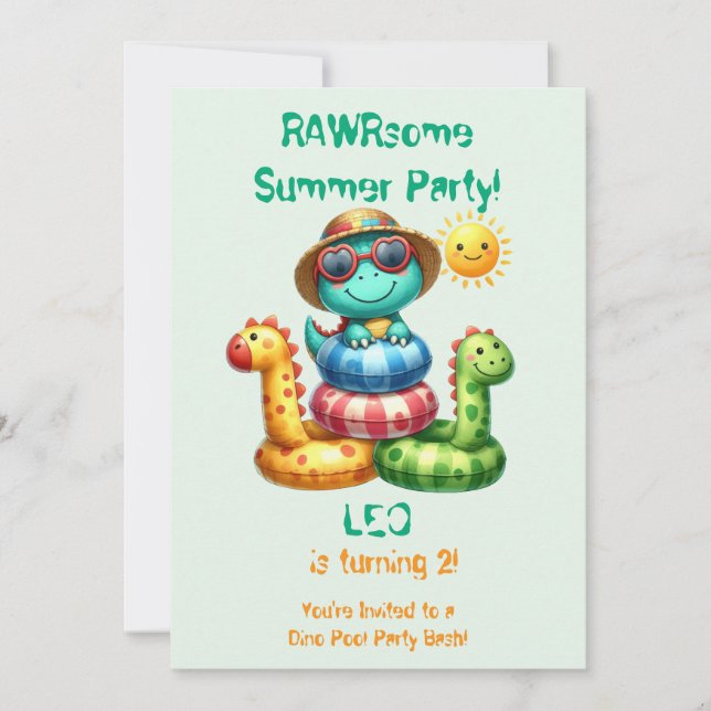 Fully Editable Dinosaur Pool Party Invitation  (Front)