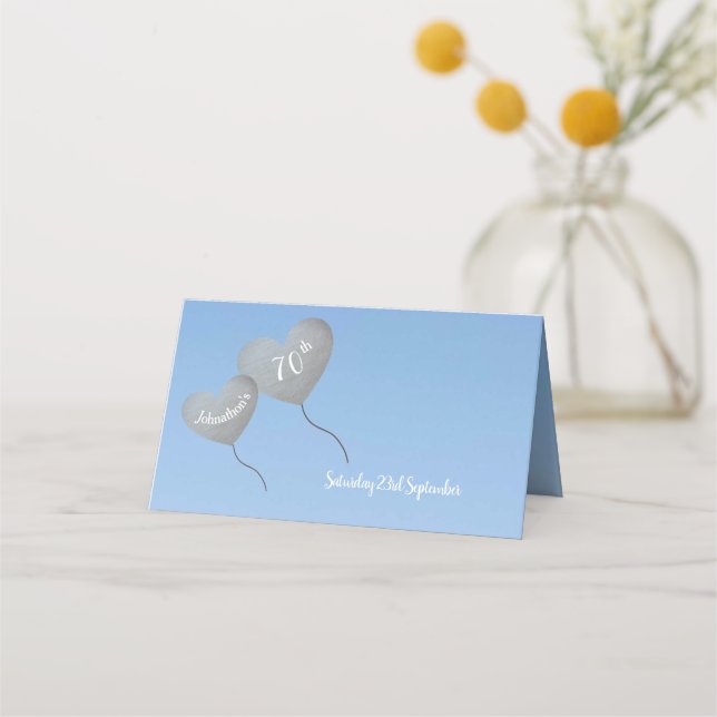Fully personalisable silver balloon 70th birthday place card (Front)