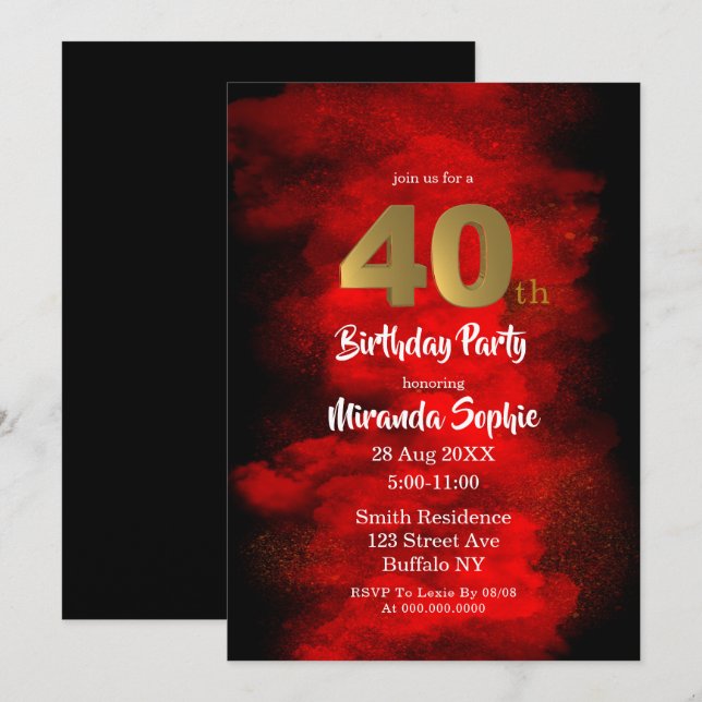 Fumée noire et rouge 40e anniversaire Invitations (Devant / Derrière)